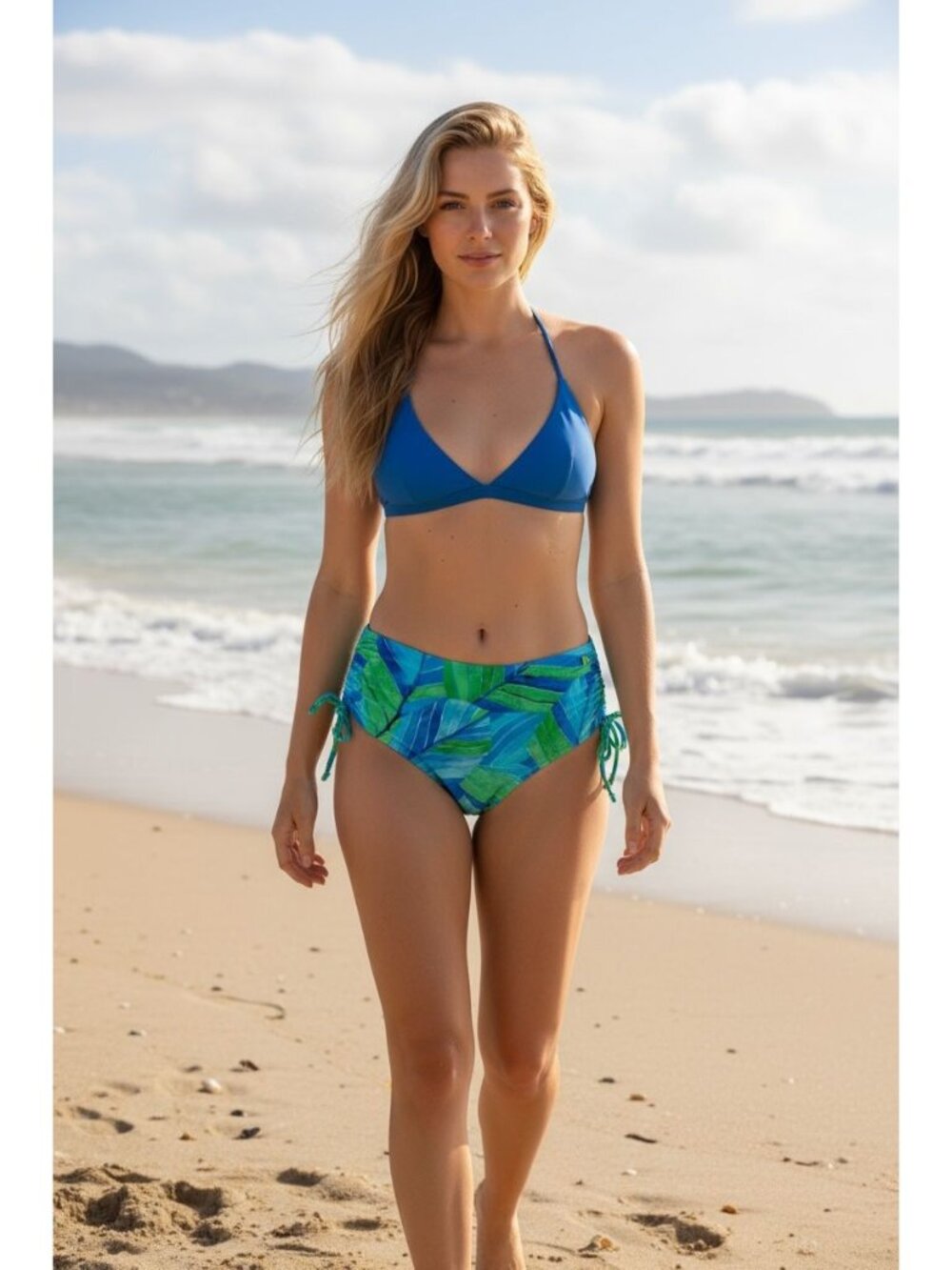 Next Women's Shoreside Breeze Midrise Bikini Bottoms - Size L - Blue & Green Lea